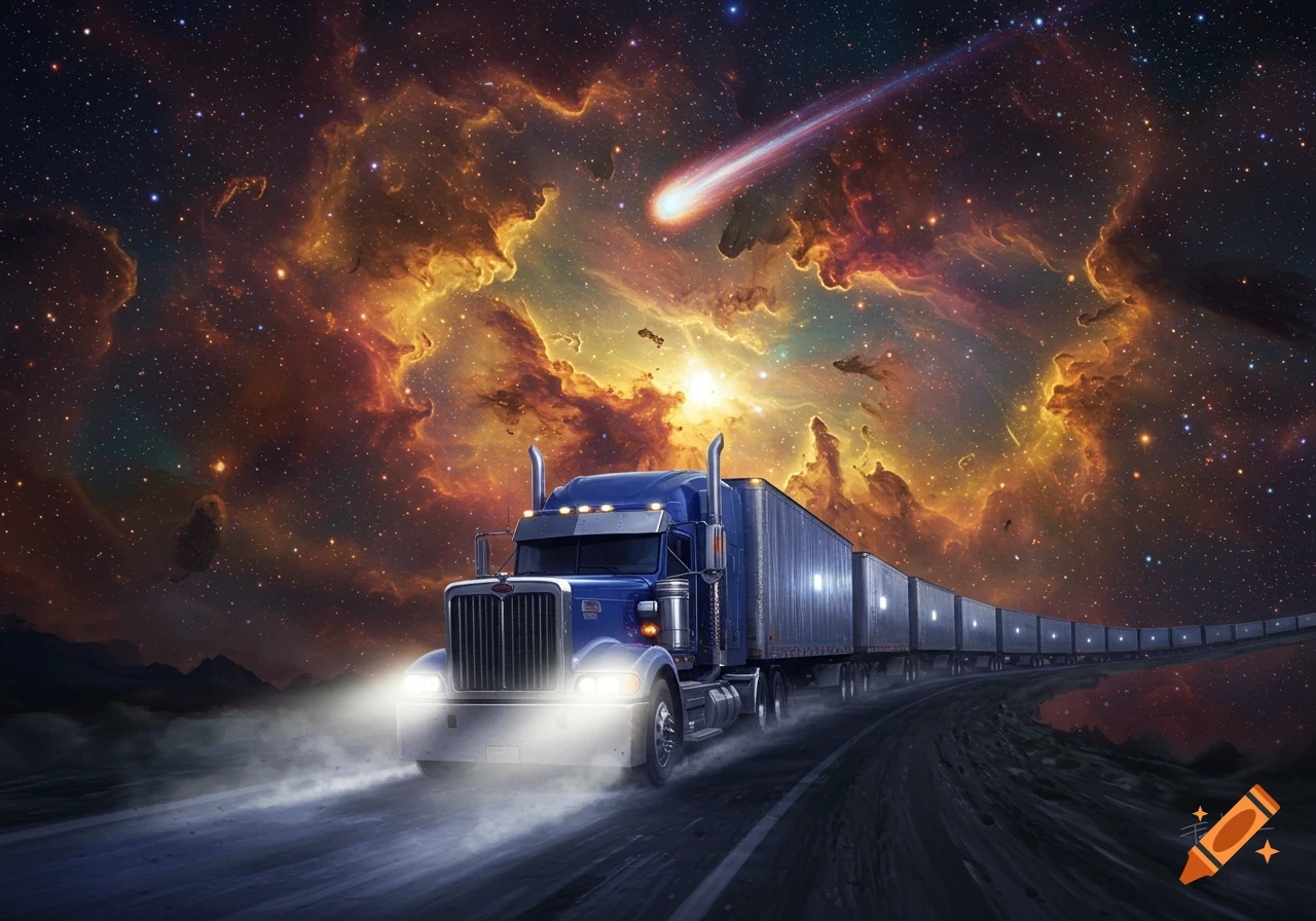 A blue semi-truck with a long train of trailers drives on a road through a colorful cosmic nebula with a comet streaking across the sky.