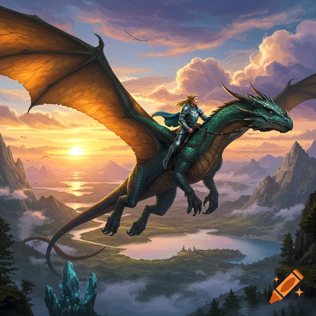 A knight in armor rides a green dragon, soaring over a mountainous valley with lakes and a sunset.