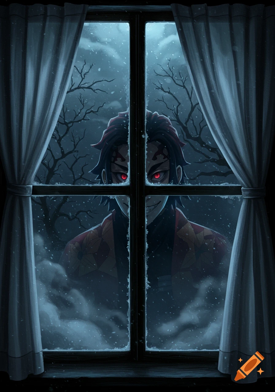 An anime character with glowing red eyes stares menacingly through a frosty window on a dark, snowy night.