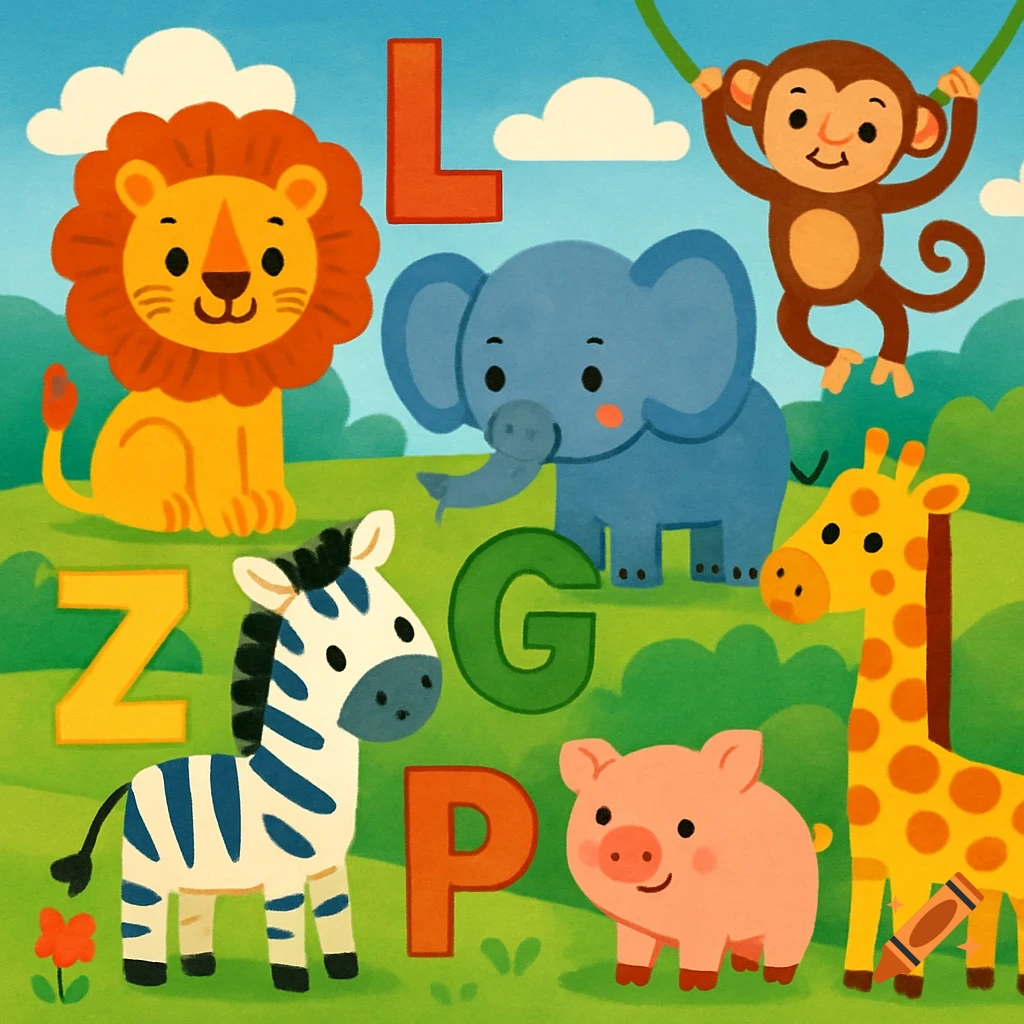 A colorful cartoon illustration for toddlers featuring cute animals like a lion, elephant, monkey, zebra, pig, and giraffe, alongside large alphabet letters L, Z, G, P on a green grassy background.