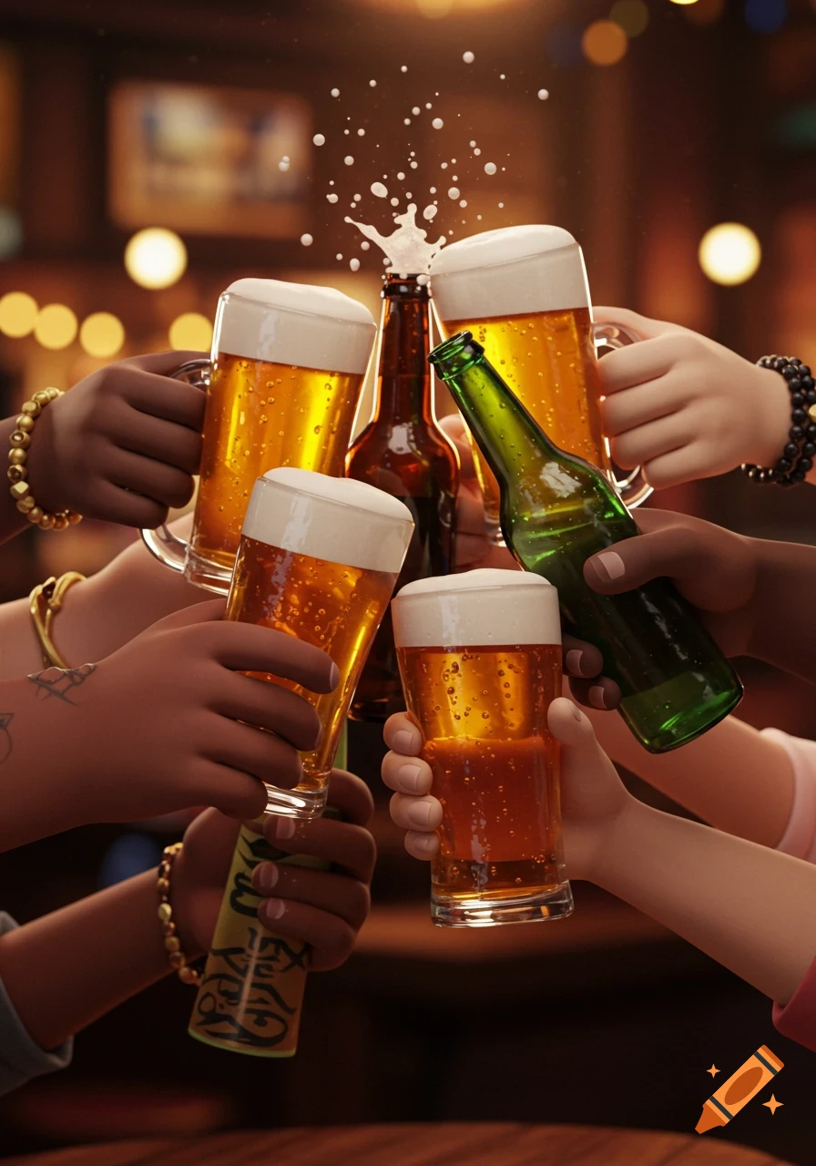 Hands of diverse people toasting beer glasses and bottles, with beer splashing from one bottle, in a vibrant animated style.