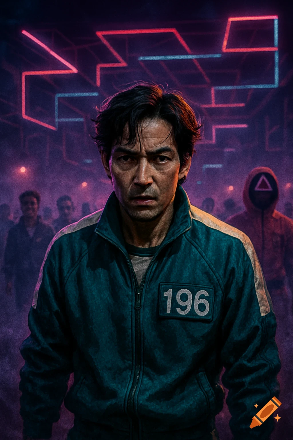 A dramatic portrait of a man with dark hair, wearing a teal tracksuit with the number "196" on it, standing in a dark, neon-lit environment with blurred figures behind him.