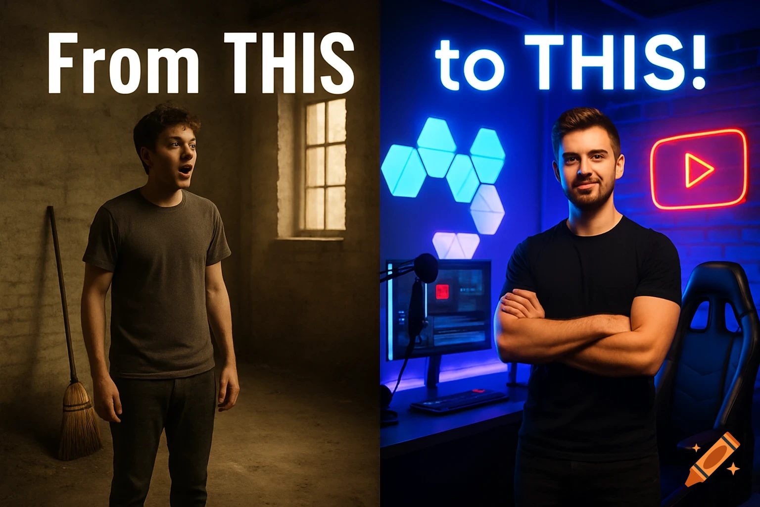 Split image showing a man in a dusty warehouse on the left, with text 'From THIS', and a man in a neon-lit YouTube studio on the right, with text 'to THIS!'. Photorealistic.
