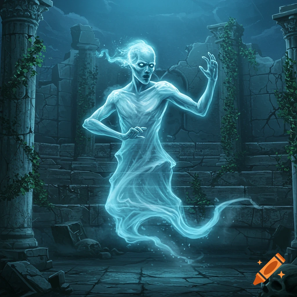 A glowing blue spectral ghost figure floats in ancient, ivy-covered ruins at night, digital art.