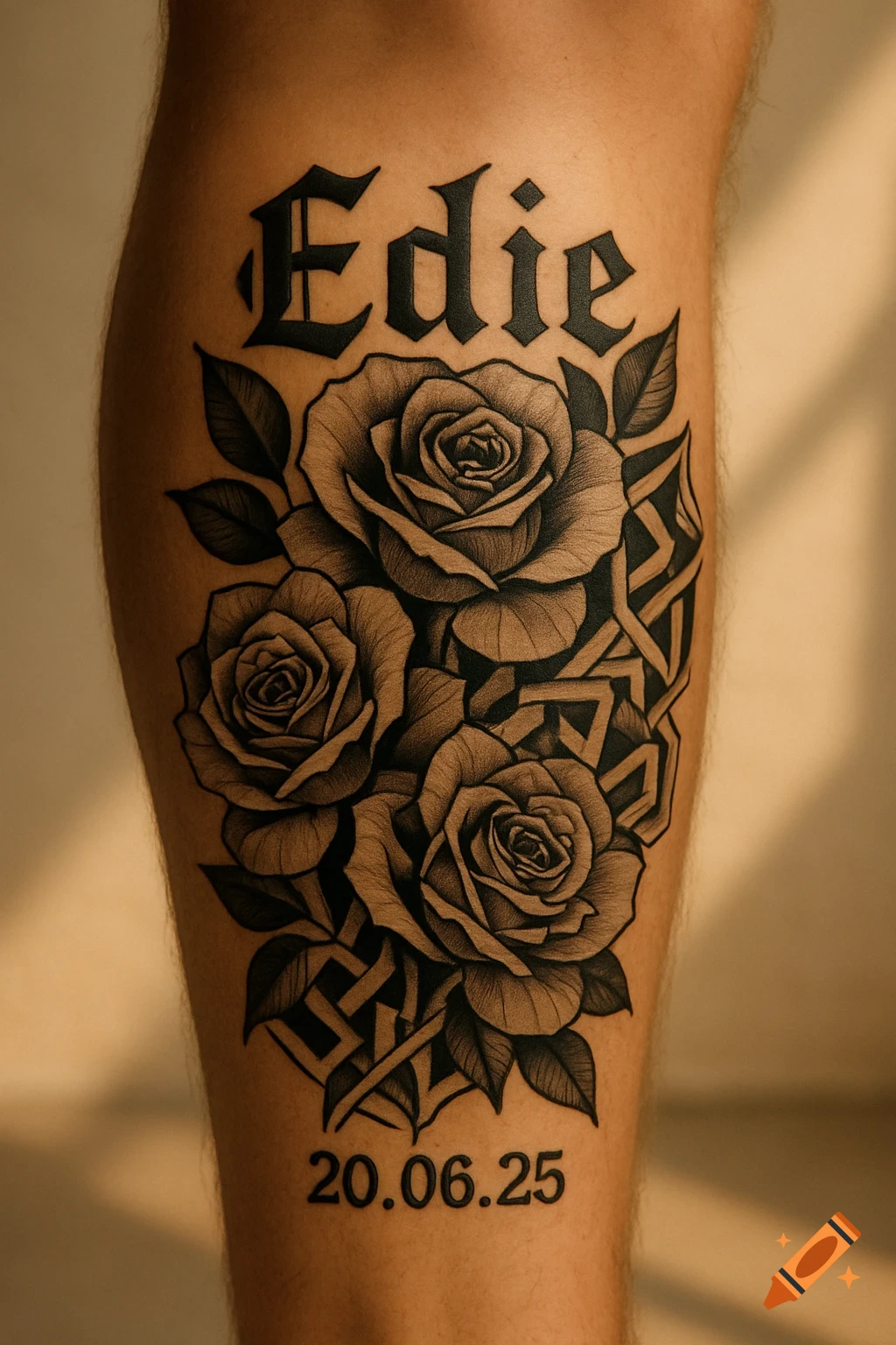 A black and white tattoo on a leg featuring roses, a Celtic knot, the name Edie, and the date 20.06.25.