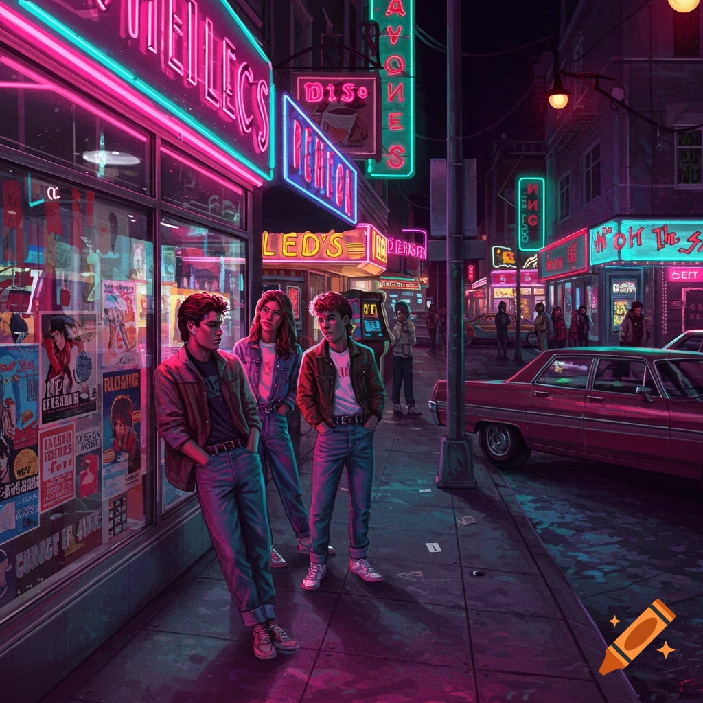 Three young people stand on a neon-lit city street at night, with a vintage car parked nearby, in an 80s retro style.