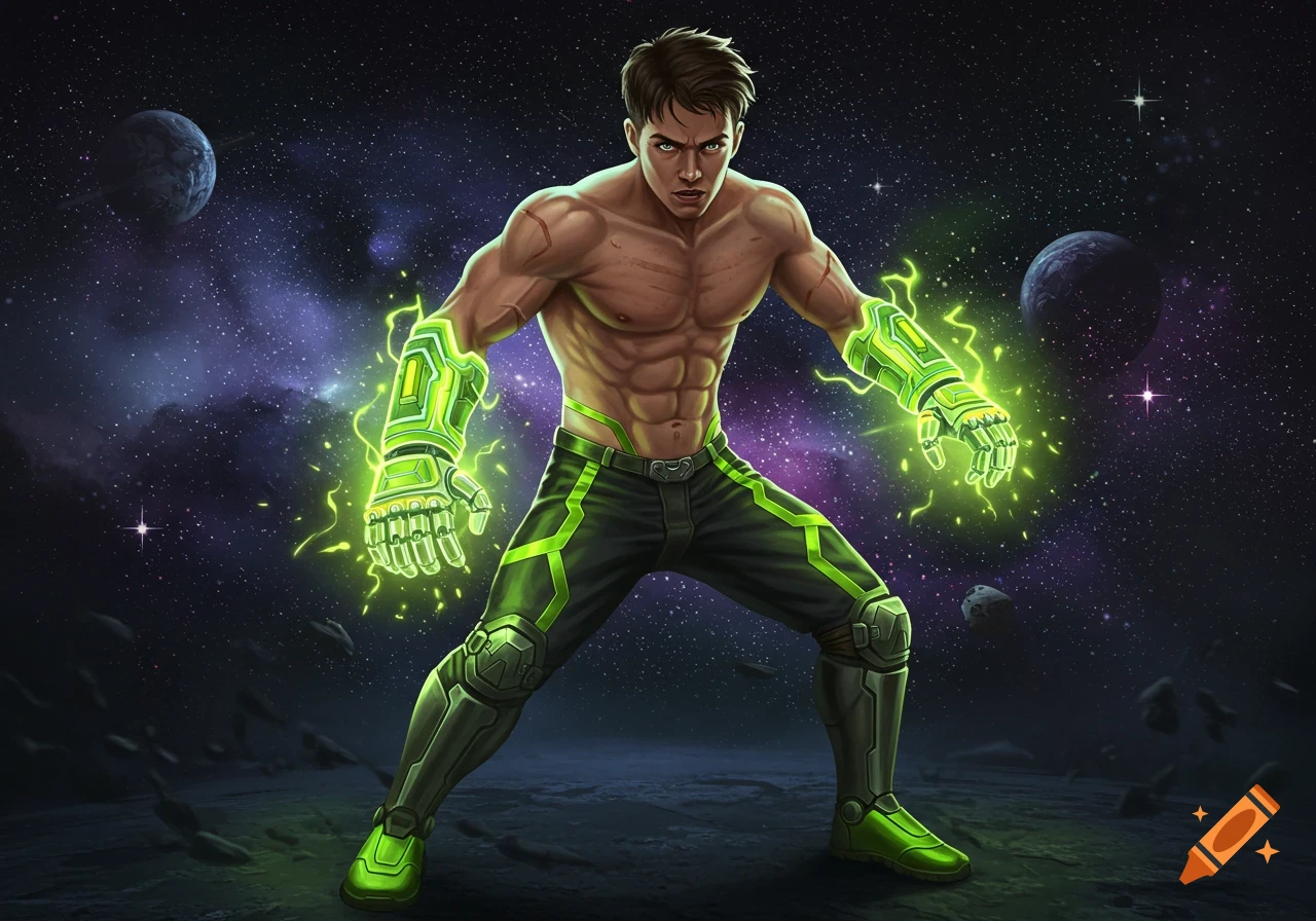 A muscular man with glowing green gauntlets and pants, standing in a confident pose against a starry space background with planets.