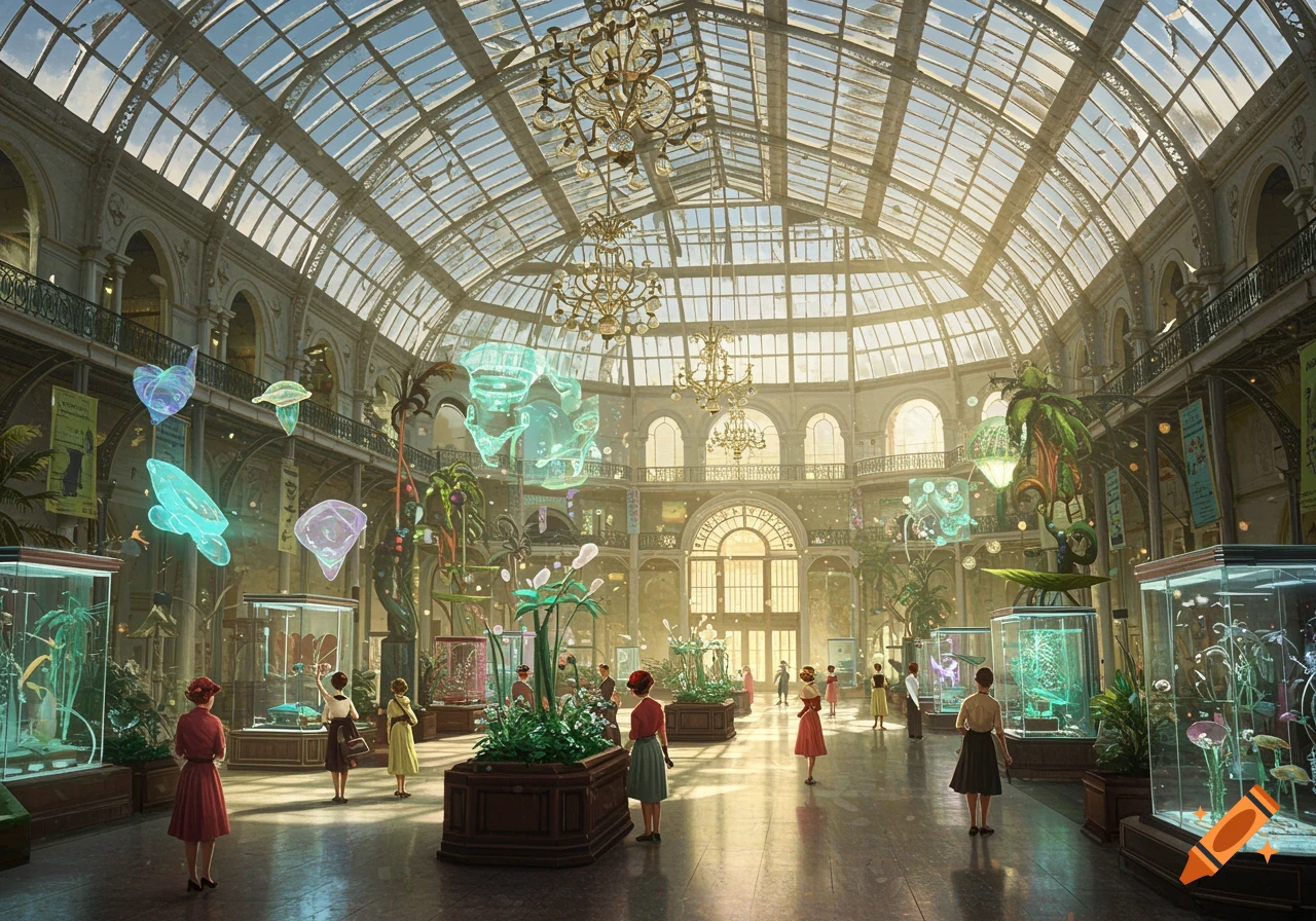 A grand, sunlit museum hall with a high glass ceiling, showcasing glowing, fantastical exhibits and visitors observing them.