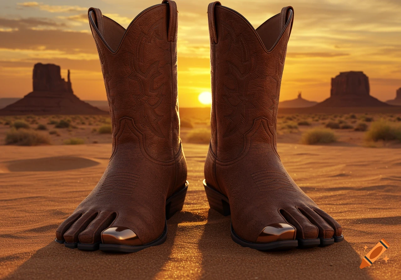 Photorealistic image of two brown cowboy boots with individual toes, standing in a sandy desert at sunset with mesas in the background.