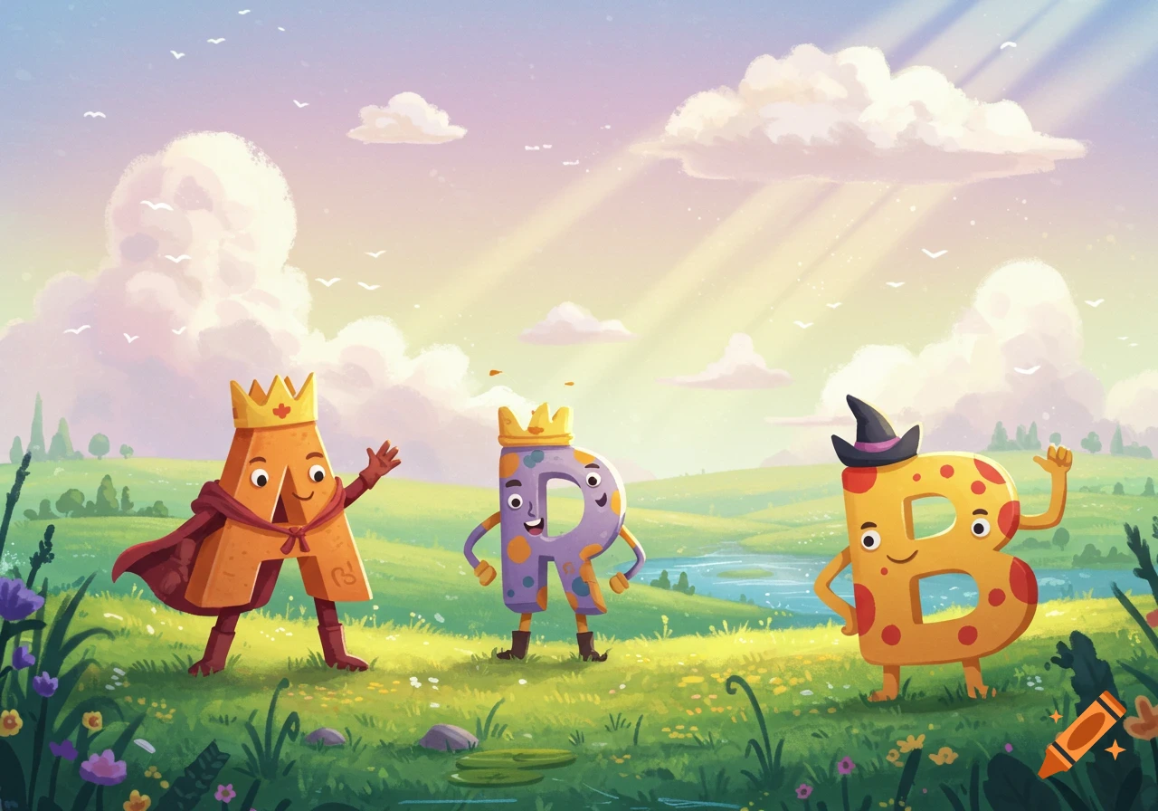 Cartoon anthropomorphic letters A, R, and B stand in a vibrant green field under a bright, sunny sky.