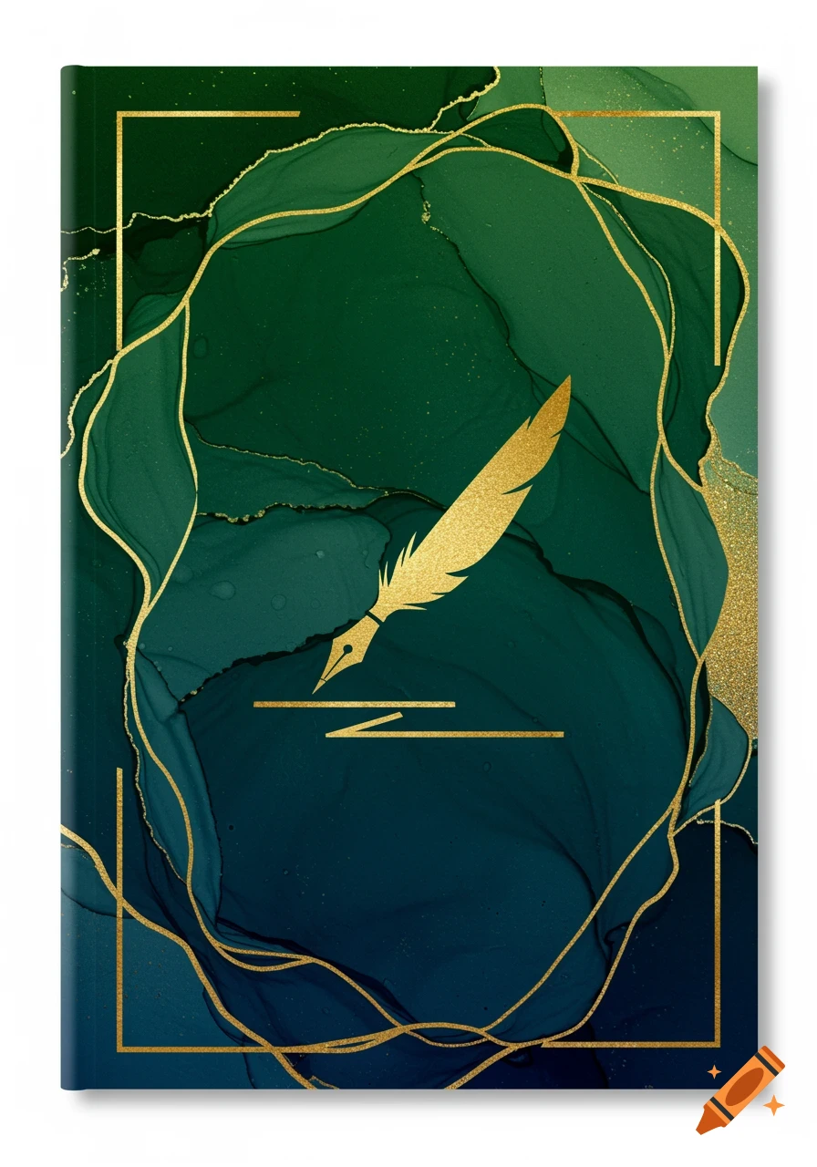 Elegant notebook cover with a golden quill on a background of swirling emerald green and sapphire blue ink with gold accents.