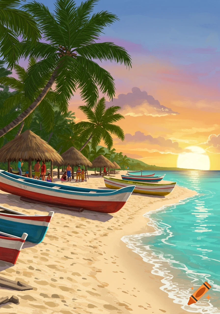 A vibrant, illustrative image of a tropical beach at sunset with colorful fishing boats on the sand, palm trees, and small huts with people.