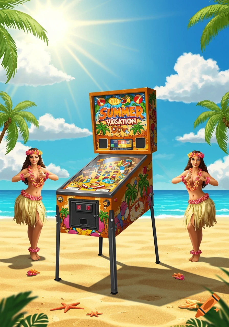 A vibrant illustration of a 'Summer Vacation' pinball machine on a sunny beach, flanked by two hula dancers.