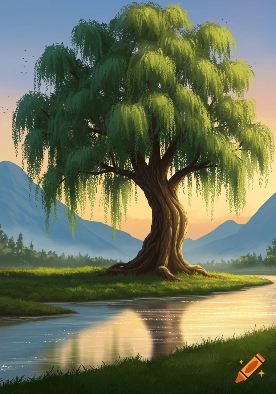 An illustrated giant willow tree stands by a river with blue mountains in the background under a golden sky.