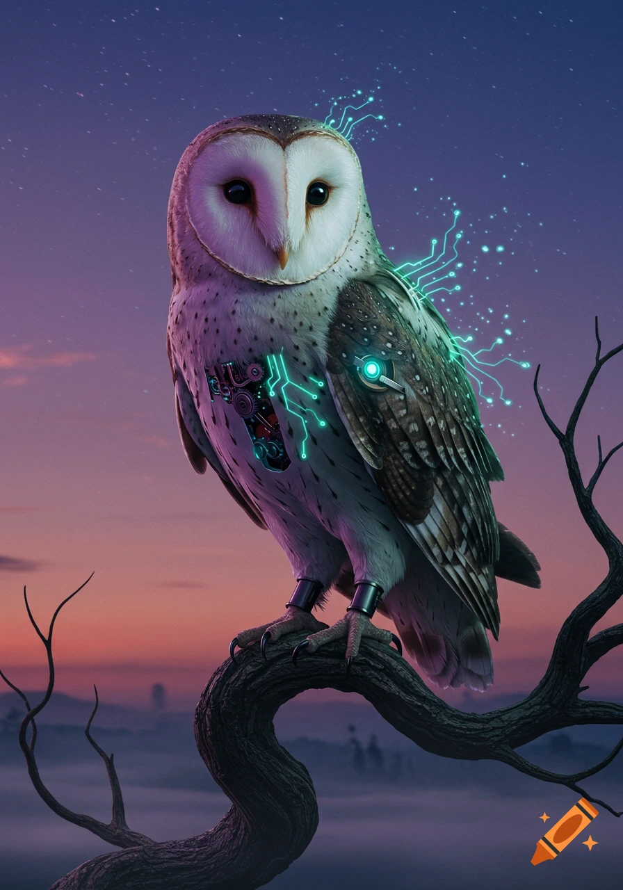 A cybernetic barn owl with glowing circuits and gears on its chest, perched on a dark branch under a starry twilight sky.