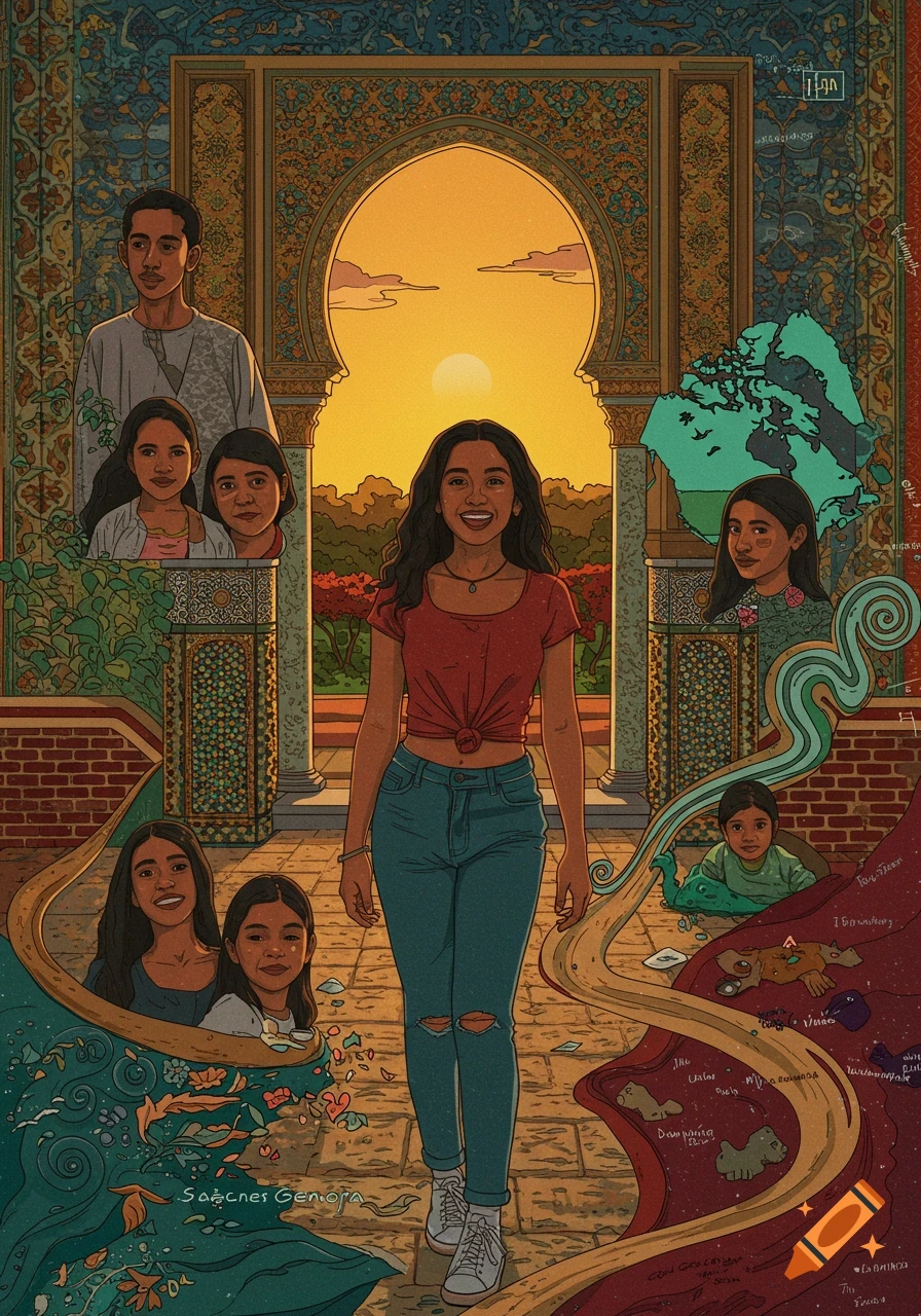 An intricate illustration of a smiling young woman walking through a Moroccan-inspired archway at sunset, surrounded by portraits of family members and symbolic elements like a map of Canada and flowing ribbons with text.