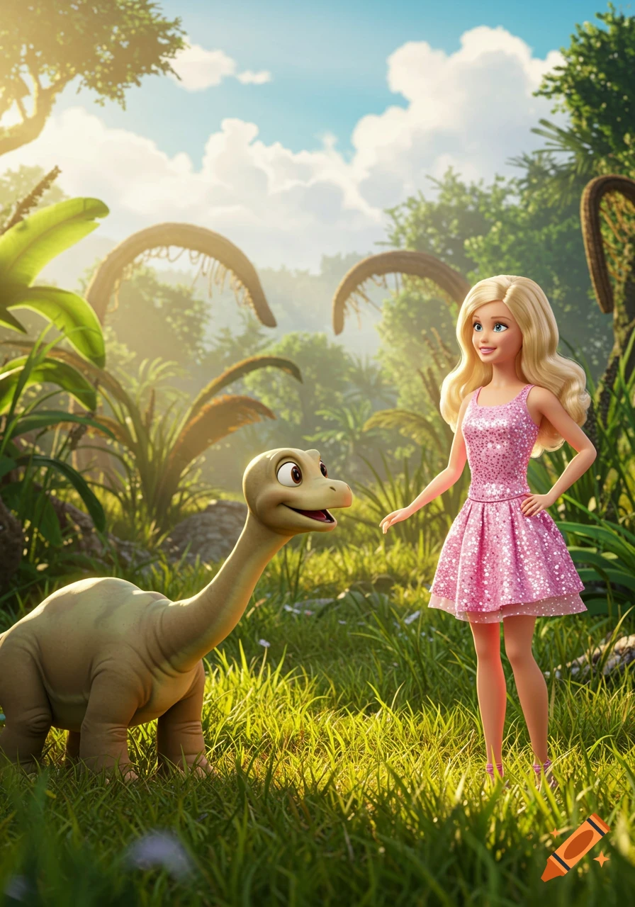A smiling Barbie doll in a pink glittery dress stands in a lush green jungle next to a happy, cartoon-style baby dinosaur.