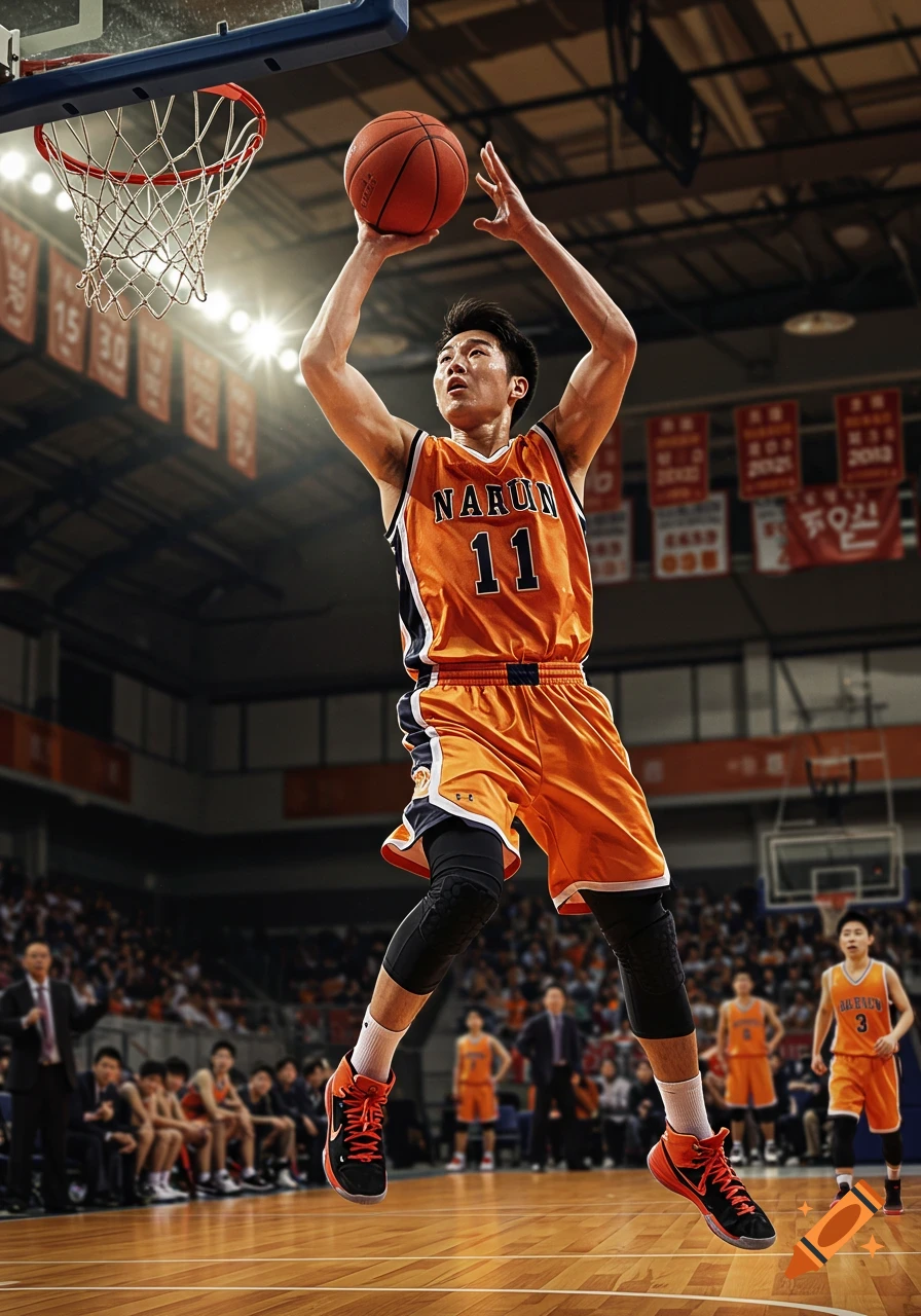 A male basketball player in an orange jersey leaps toward a hoop, holding a basketball mid-air on a court.