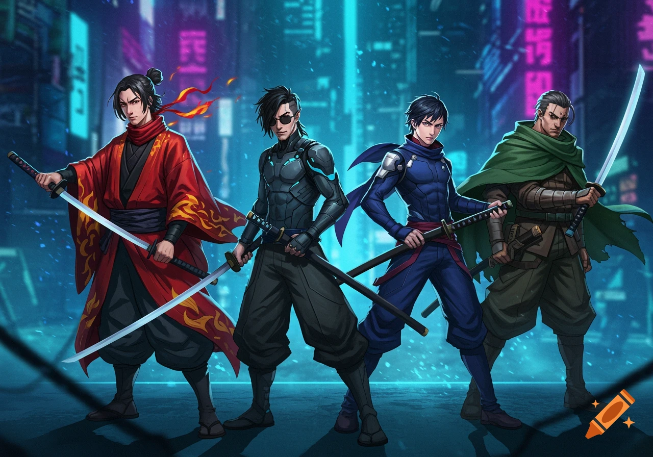 Four anime male characters in various outfits, holding katanas, stand confidently against a cyberpunk city background with neon lights.
