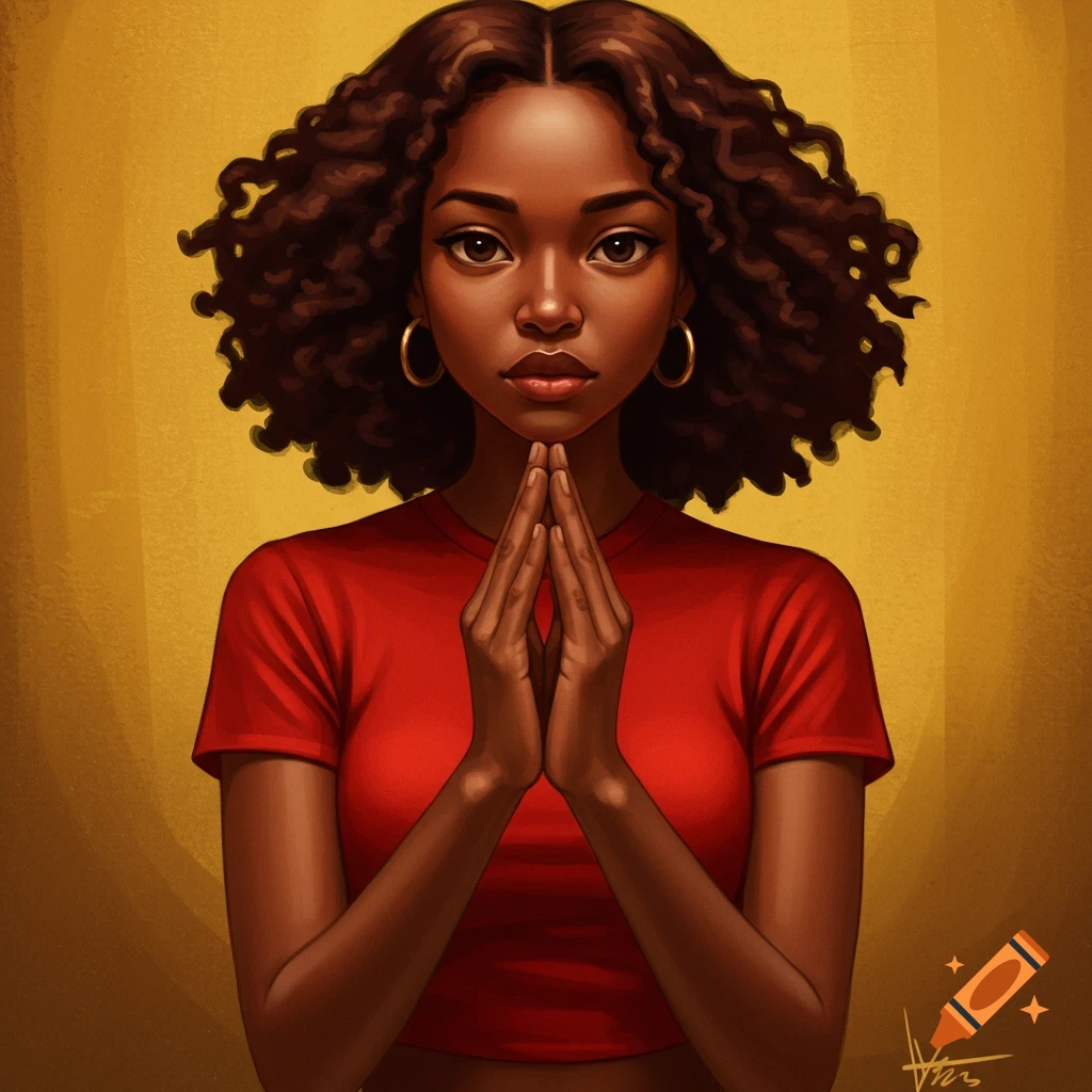 A stylized illustration of a young Black woman with curly hair and a red shirt, hands clasped, on a yellow background.
