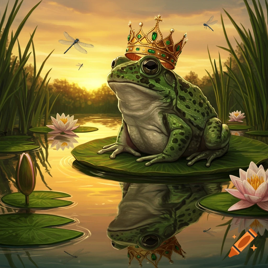 A majestic green frog wearing a golden crown sits on a lily pad in a pond with water lilies at sunset.