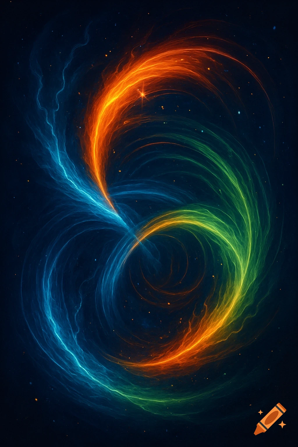 Vibrant blue, orange, and green energy streams intertwine in a dark, starry abstract space.