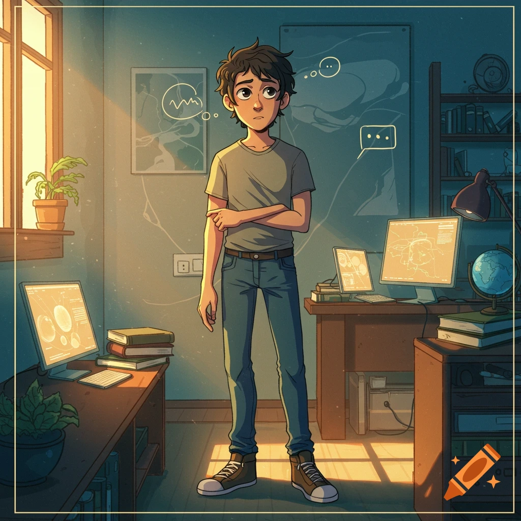 Cartoon illustration of a contemplative young man standing in a sunlit study room with computers and books.