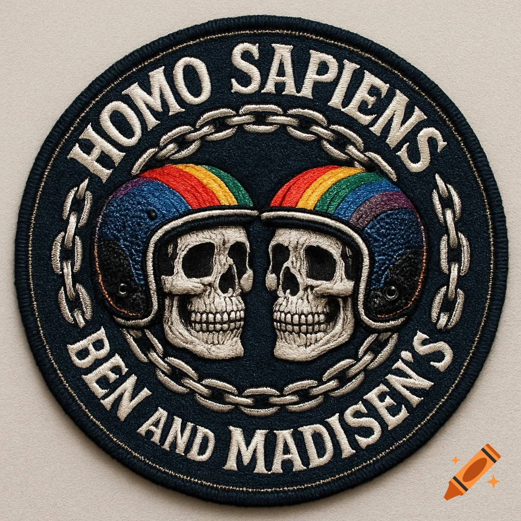 An embroidered patch featuring two skulls wearing rainbow-striped helmets, surrounded by a chain and the text "HOMO SAPIENS BEN AND MADISEN'S."