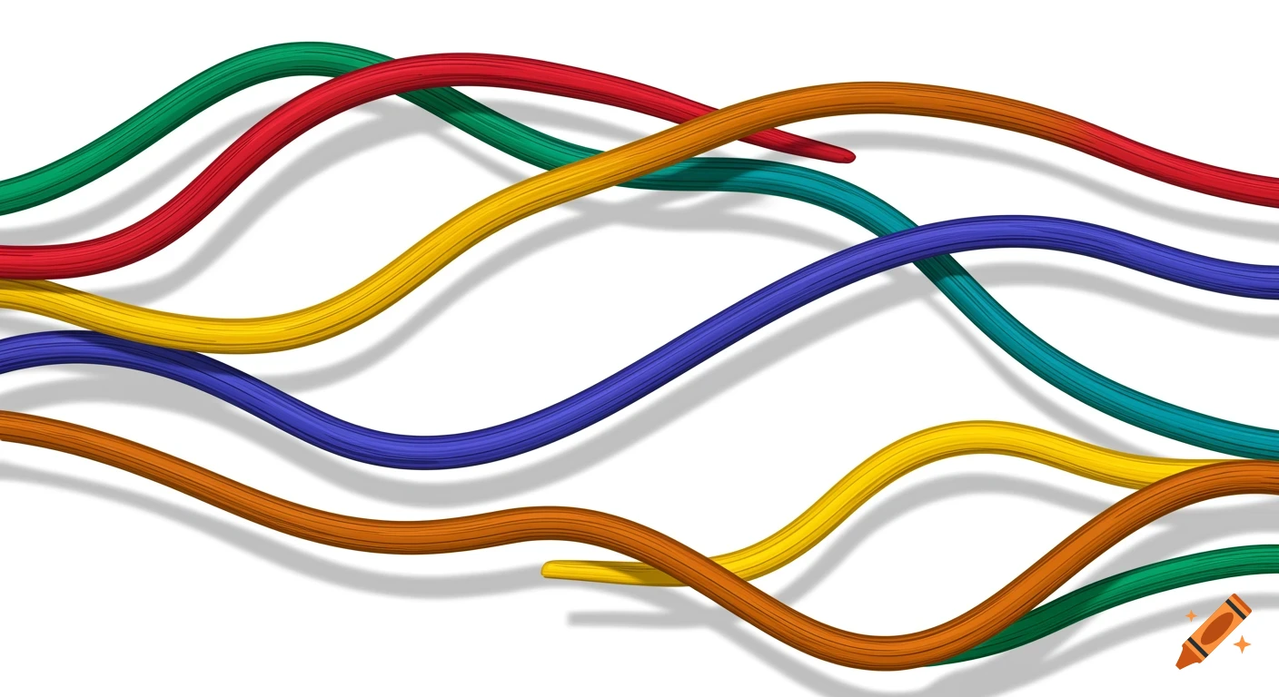 Wavy, colorful strands intertwining on a white background, casting shadows.