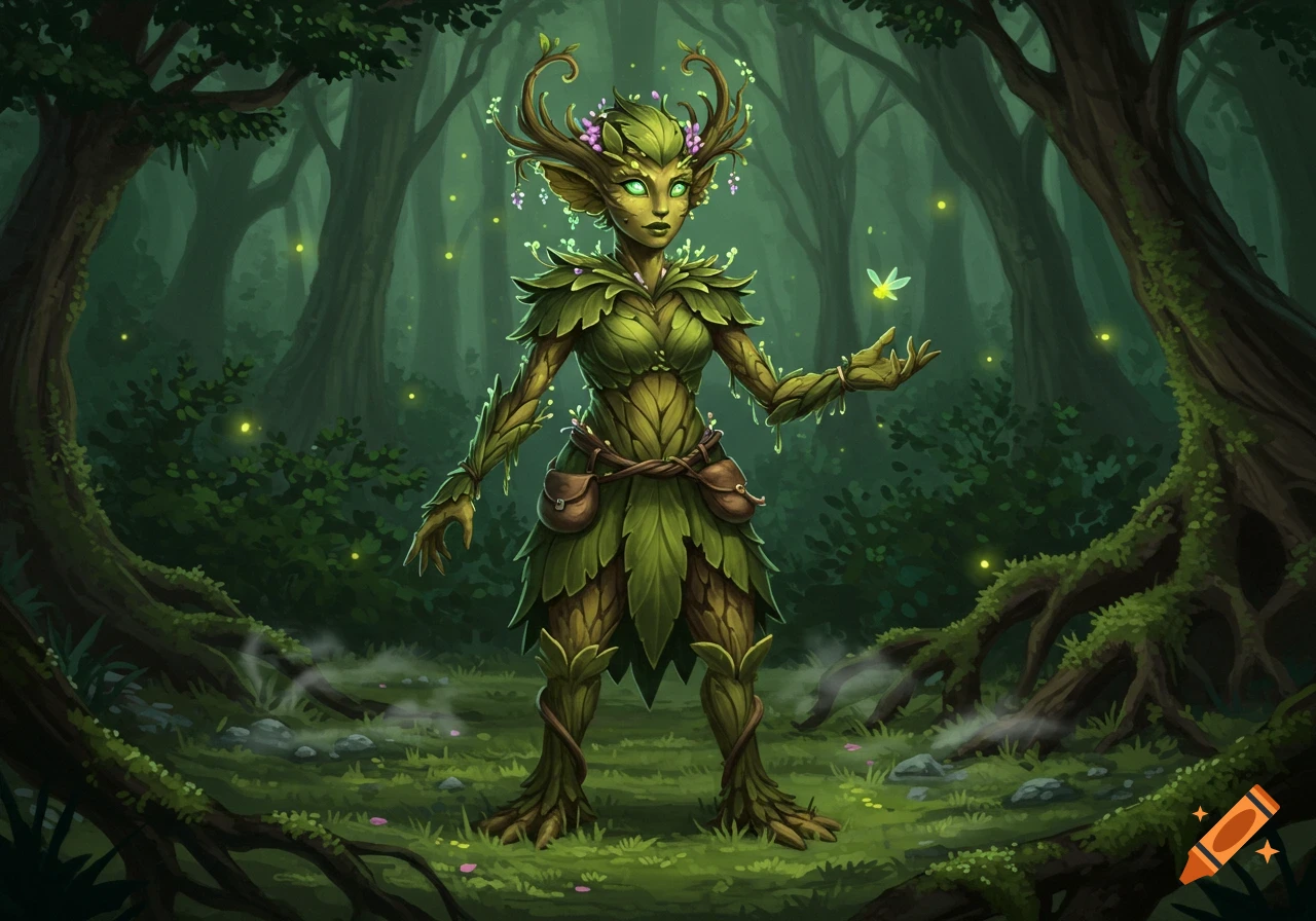 A female plant-like creature with green leaves and bark for skin stands in a magical dark forest with glowing fireflies.