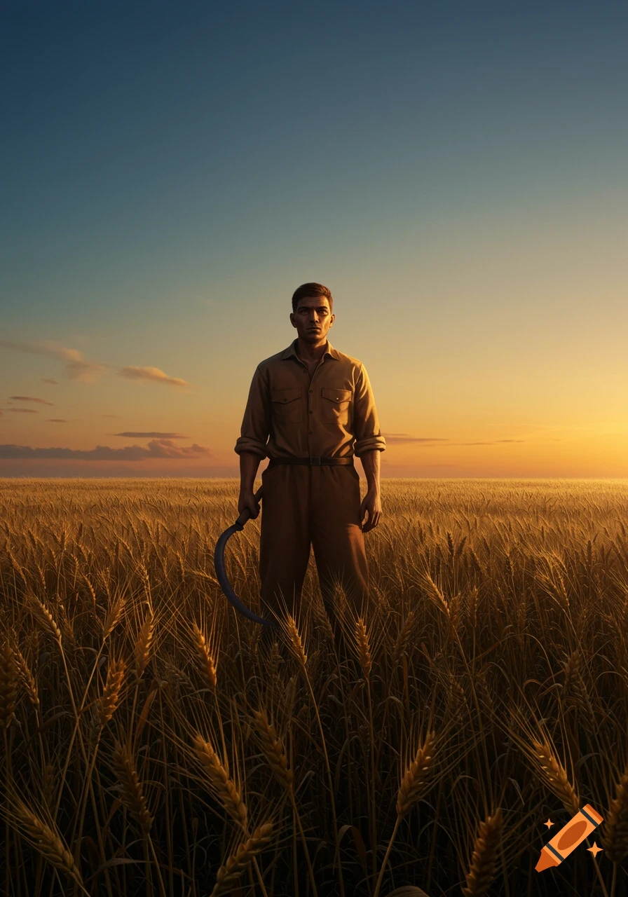 A man stands in a golden wheat field at sunset, holding a sickle, in a photorealistic style.