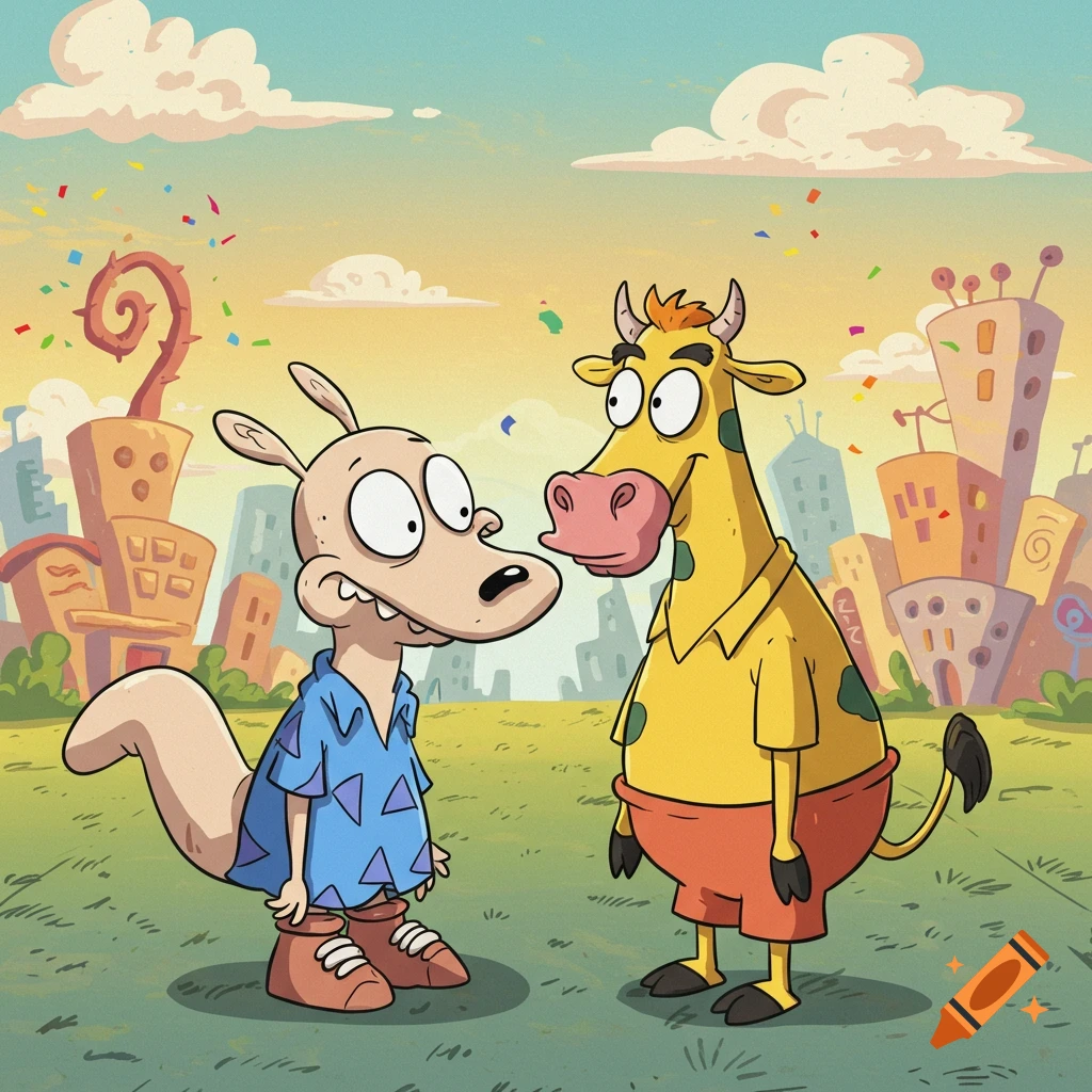 Rocko and Heffer stand in a field with confetti and a city background in a cartoon style.