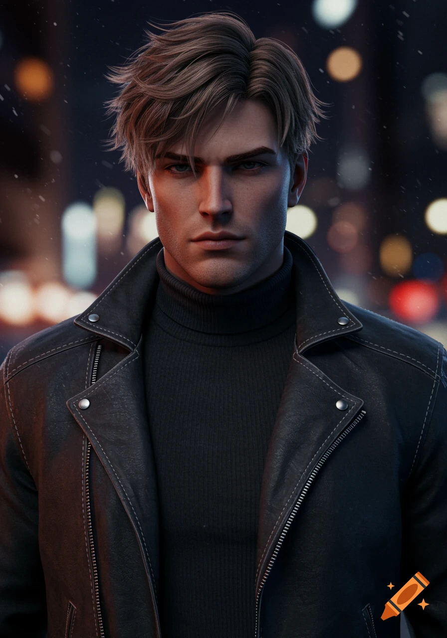 A rendered portrait of a man with light brown shaggy hair, wearing a black turtleneck and leather jacket, against a blurry cityscape at night.