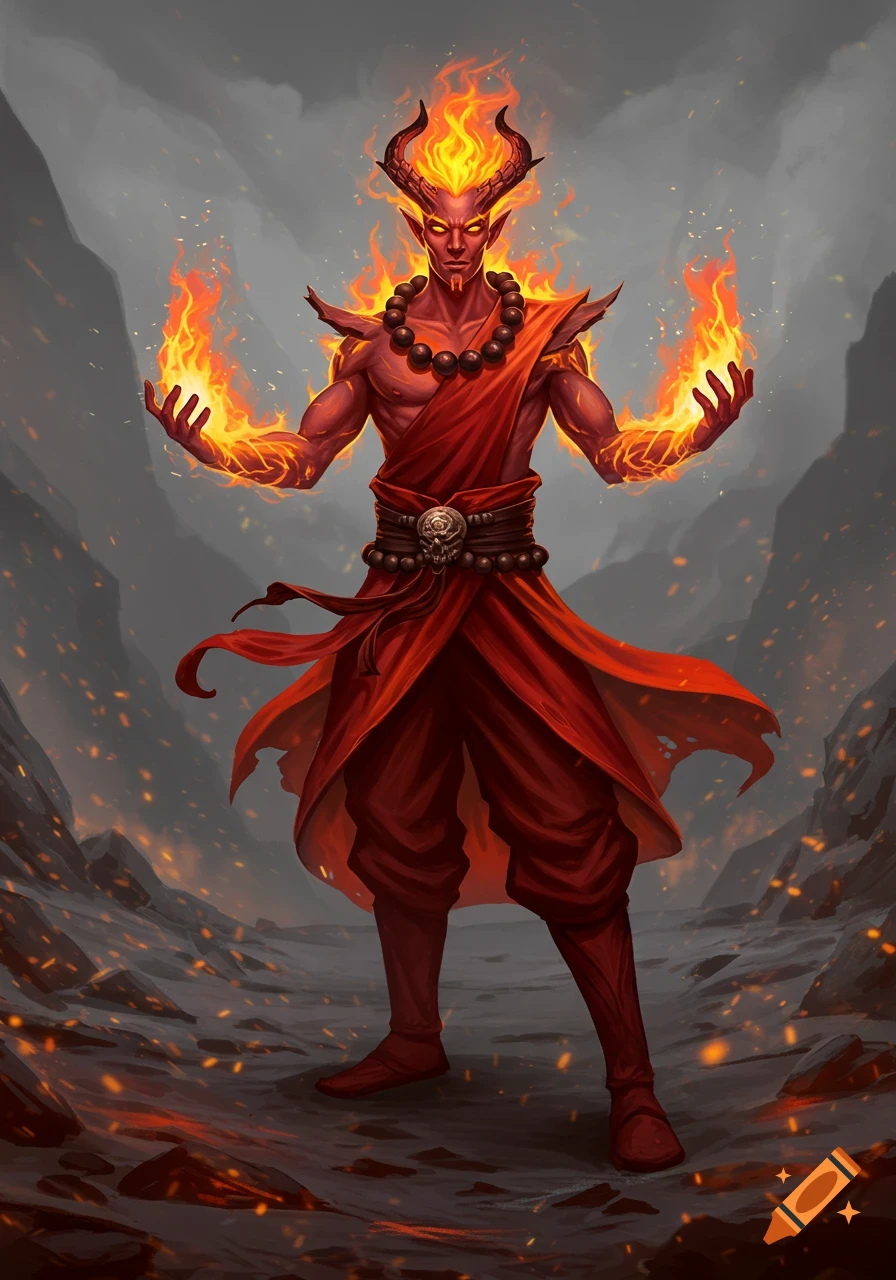 A red-skinned male fire genasi monk with horns, hands ablaze, stands in a desolate, ember-strewn landscape.