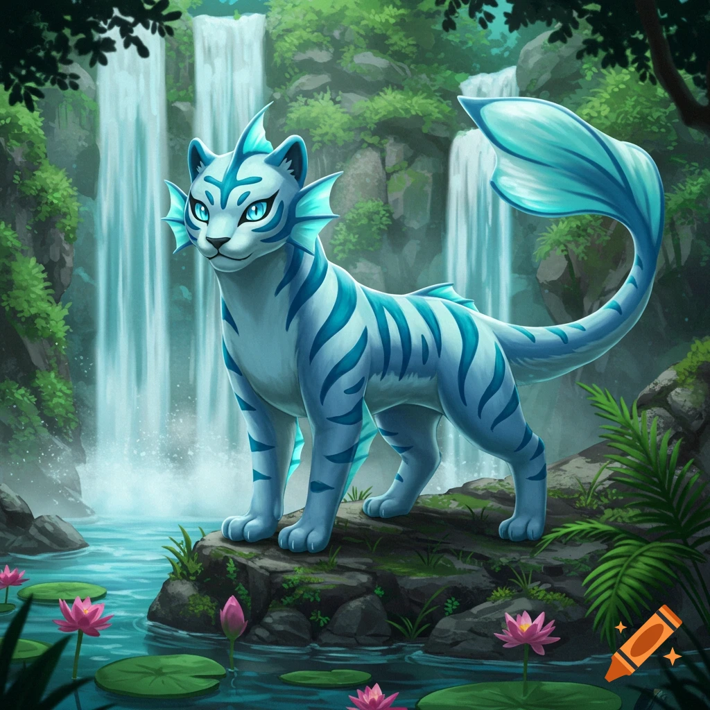 A light blue, striped, tiger-like water creature with fins stands on a rock in a river with waterfalls and lotus flowers.