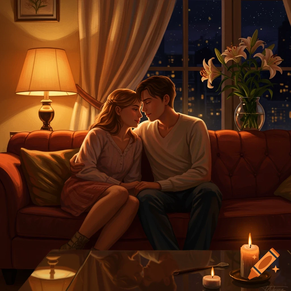 A man and woman sit on a couch in a warmly lit room at night, looking at each other affectionately. Candles glow on a table.