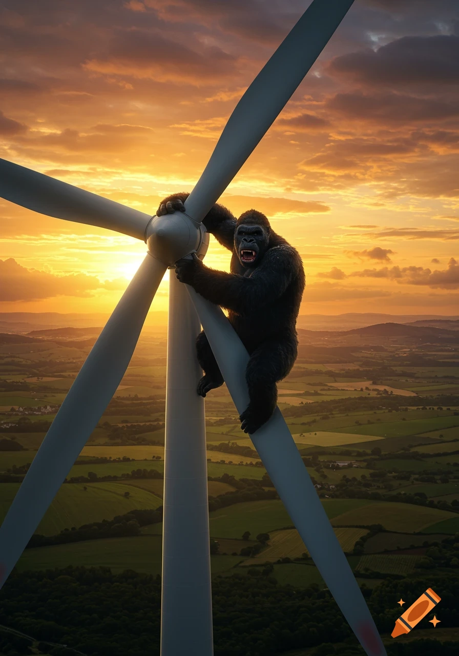 A giant gorilla, like King Kong, hangs from a wind turbine at sunset over a green landscape.