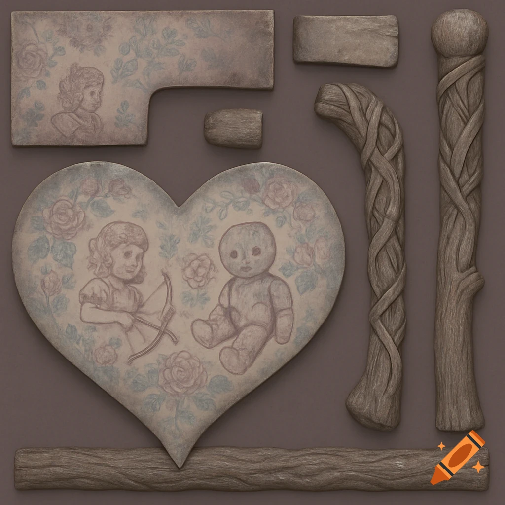 Stylized components for an object, including a heart with Cupid and a doll, and carved wood sections.