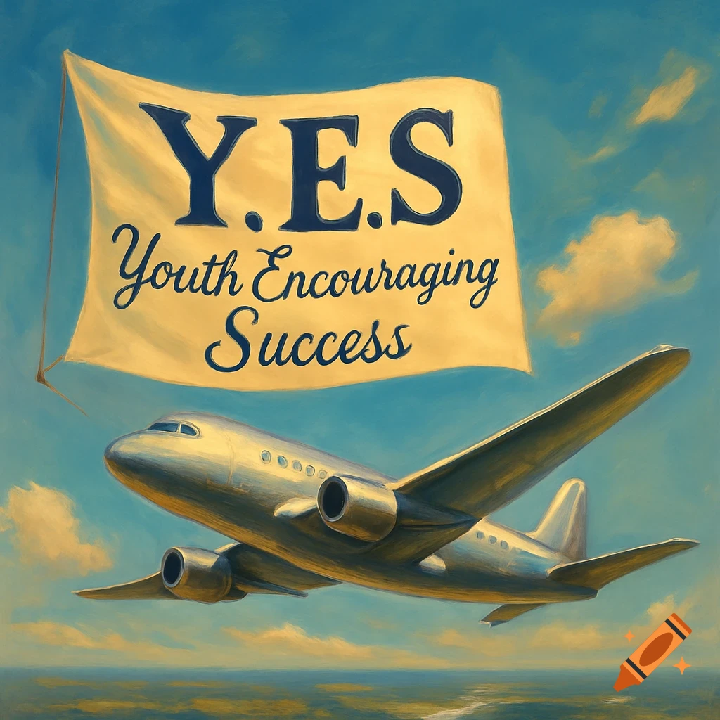 A silver airplane flies across a blue sky, pulling a yellow banner that reads 'Y.E.S. Youth Encouraging Success'. The image has a painted style.