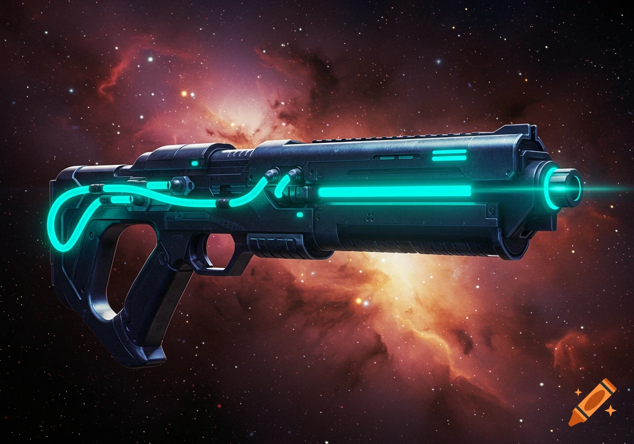 A futuristic space gun with bright neon blue accents floats in front of a vibrant red and orange nebula with scattered stars.