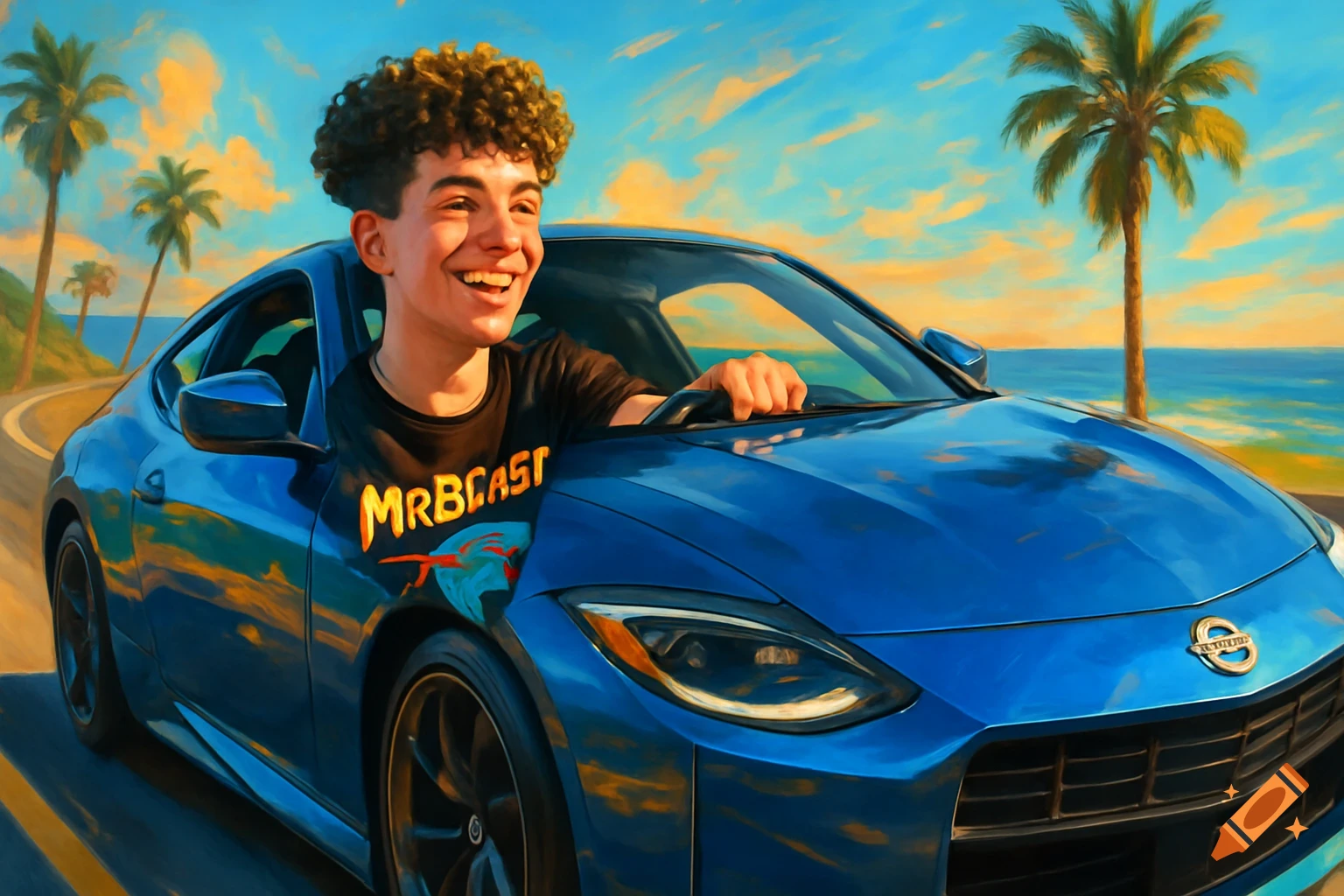 A smiling young man with curly hair drives a blue Nissan Z on a coastal road, wearing a MrBeast shirt in a digital painting style.