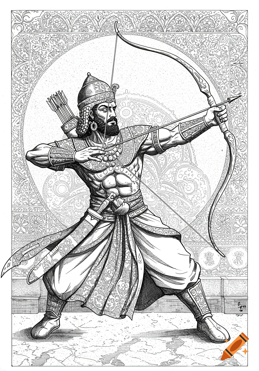 An ancient Persian hero draws a bow, depicted in intricate black and white cross-hatching line art.