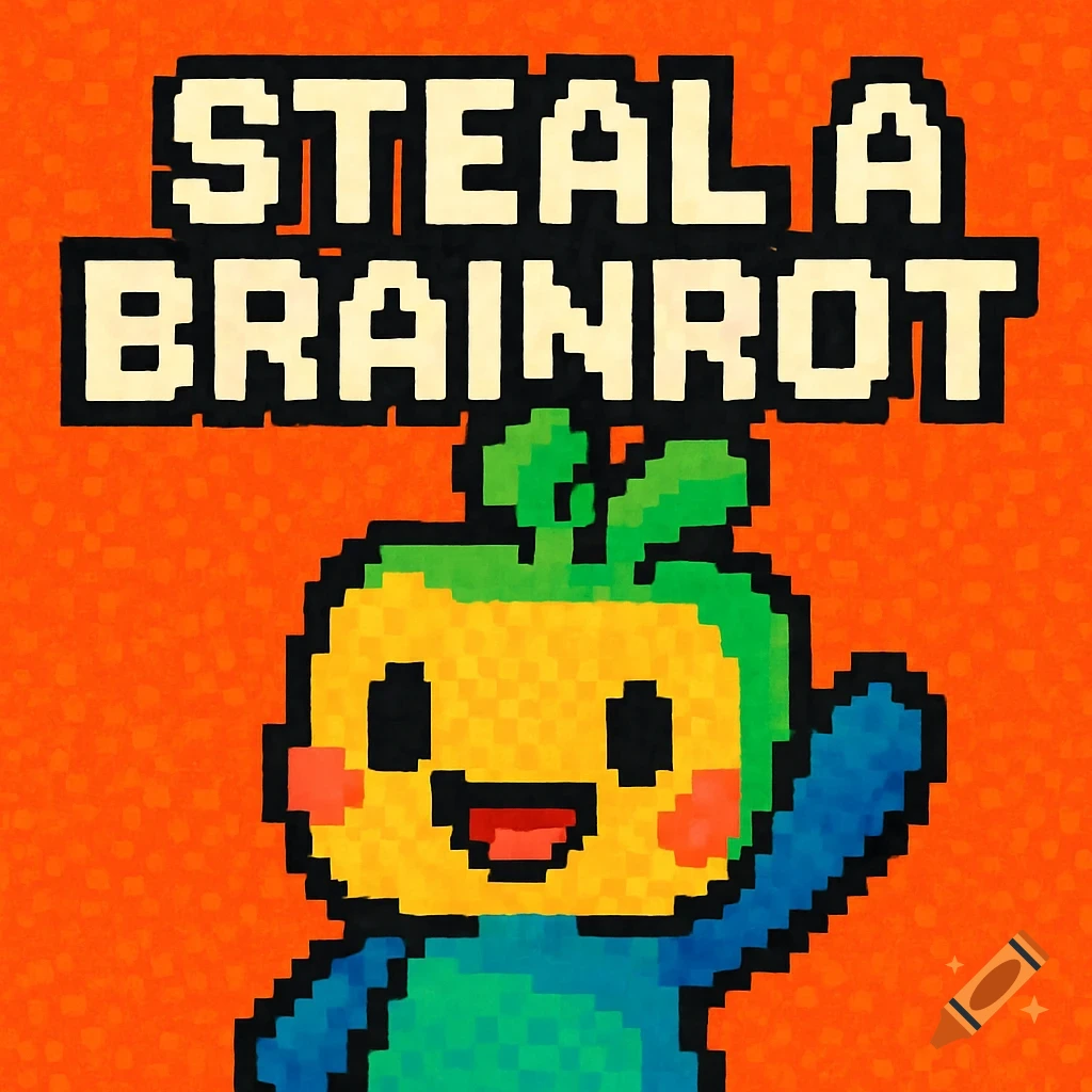 Pixel art of a happy yellow and green character with red cheeks, waving. Above them, text reads 'STEALA BRAINROT' in pixelated font on an orange background.