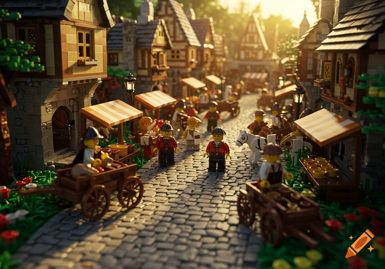 A vibrant Lego medieval village with minifigures and carts on a cobblestone street, bathed in warm sunlight.