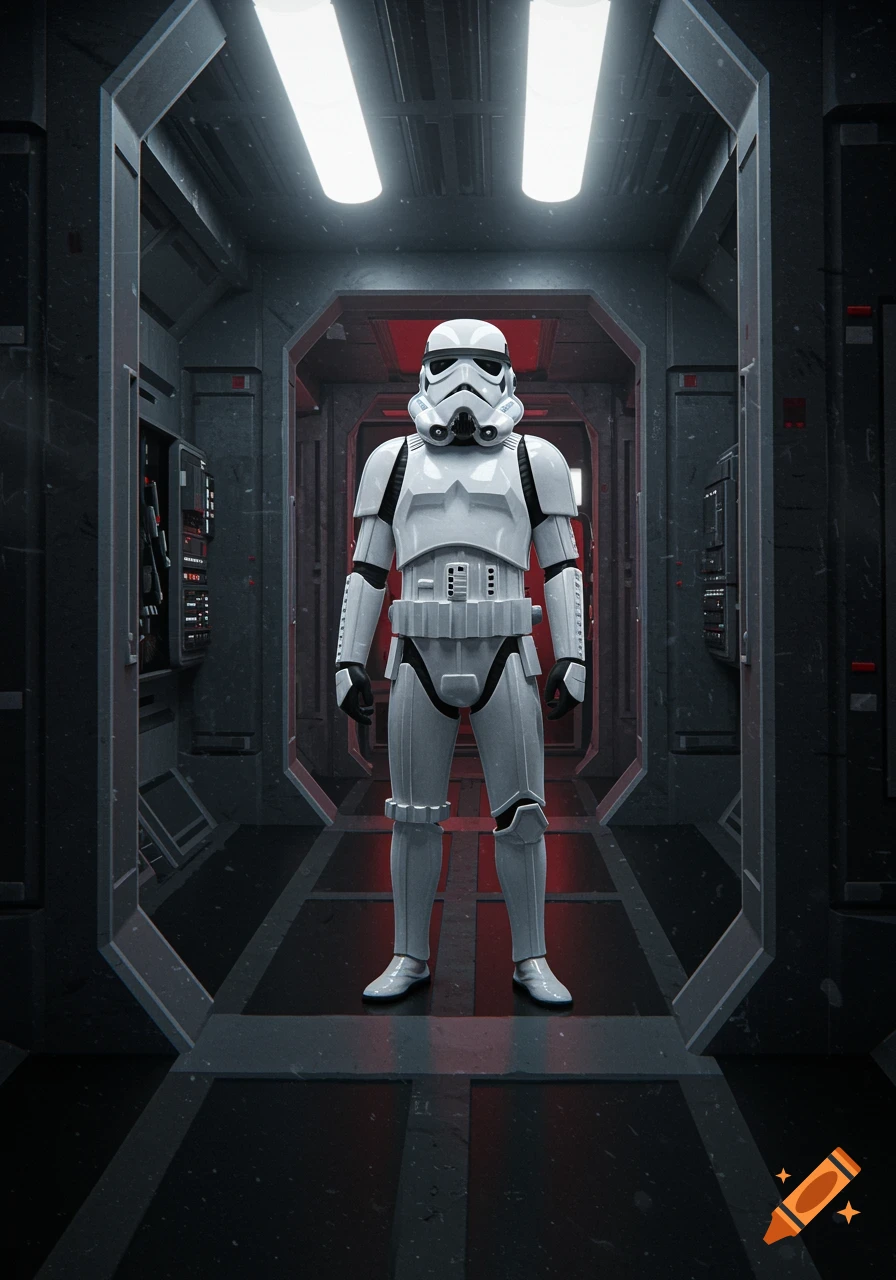 A stormtrooper stands in a futuristic, dimly lit corridor.