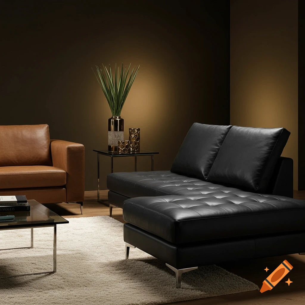 A modern living room with a black leather sectional sofa, a brown leather couch, and glass tables on a light rug, under warm lighting.