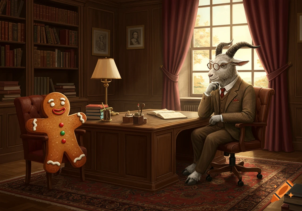 A gingerbread man sits in an armchair opposite a goatman in a suit sitting at a desk in a richly decorated wood-paneled office.
