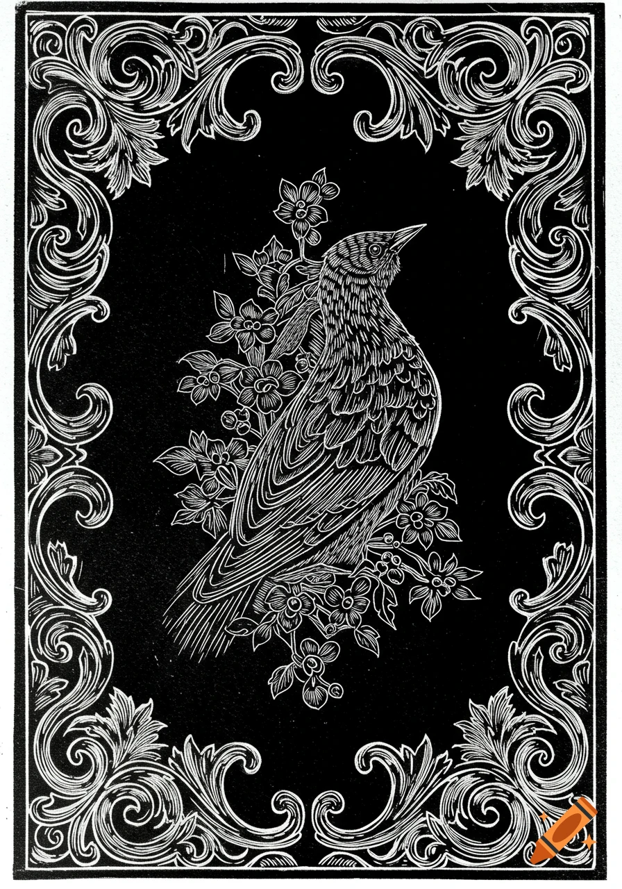 A black and white linocut illustration of a bird on a branch with flowers, framed by ornate decorative borders.