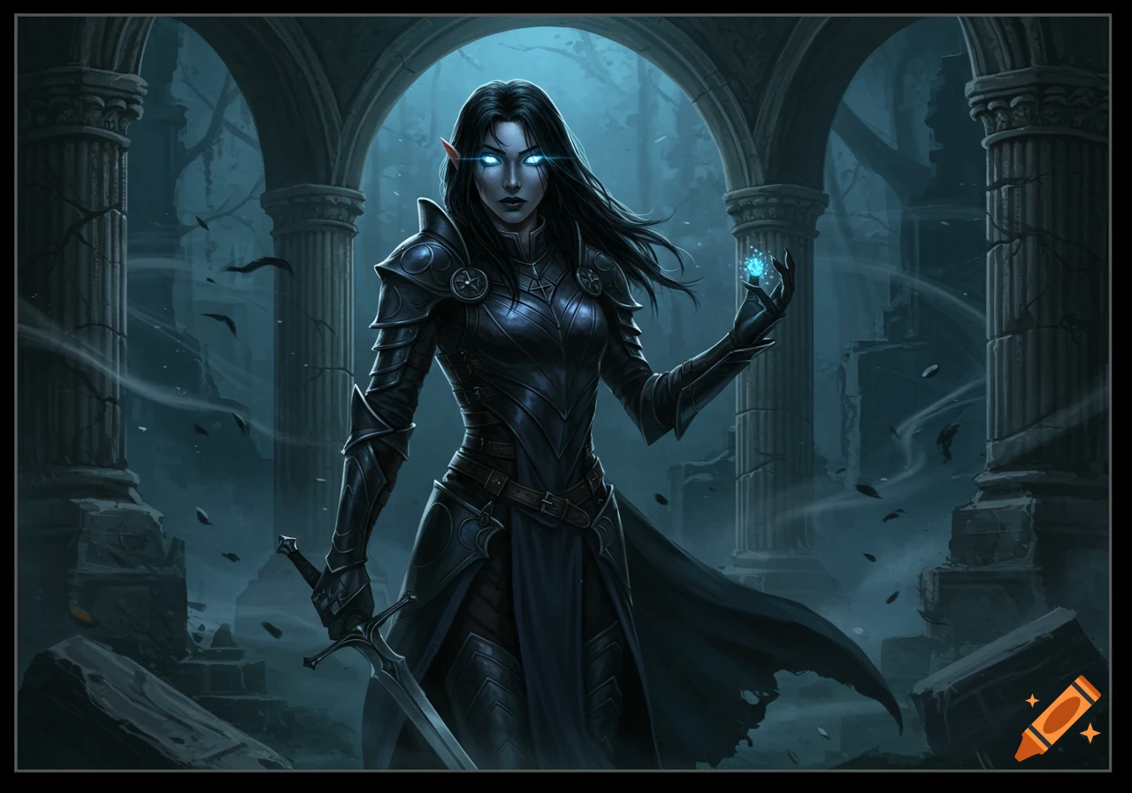 A dark elf woman in black armor with glowing blue eyes holds a sword and a blue orb in a ruined gothic environment.