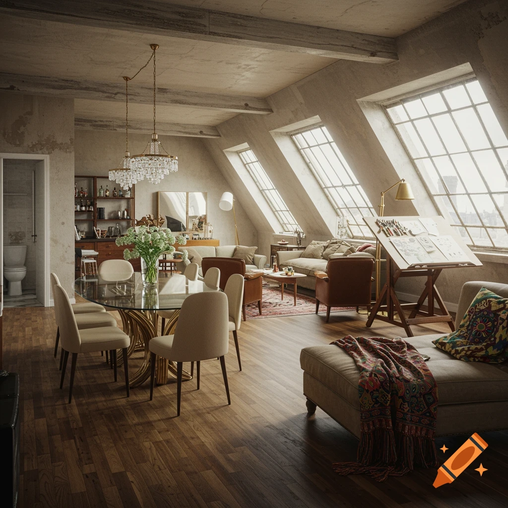 A spacious, well-lit loft apartment with an open floor plan, featuring a dining area with a glass table and cream chairs, a living room with couches, and a drafting desk, all under large slanted windows.